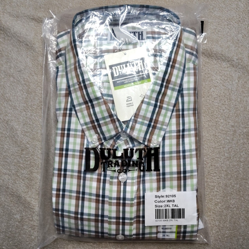 Duluth Trading Co Shirt Mens 2XL Tall Green Plaid NWT Wrinklefighter 92105